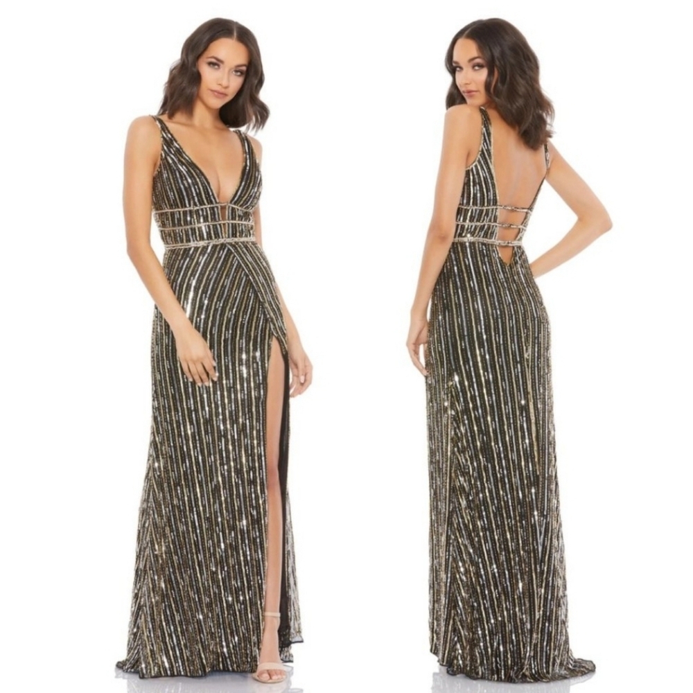 NWT Mac Duggal 5232 Plunging Back Sequin Dress Black Gold SZ 2